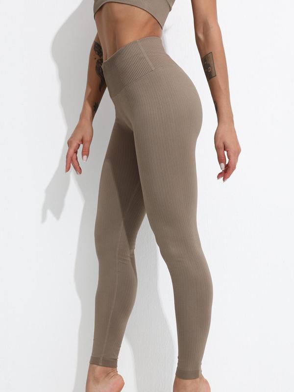 Two-Piece Set Women's Summer Plain Ribbed Sports Outfits Set, Round Neck Long Sleeve Sports Tee & High Waist Leggings Tracksuit Set, Sports Clothes for Workout Gym Yoga Fitness 2