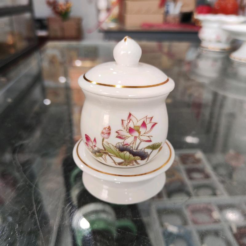 Bộ Thờ Cúng Gốm Sứ Lư Hương, Bình Hoa, Đĩa, Ống Nhang, Áng, Chum Nước Hoa Tiết Hoa Sen 4