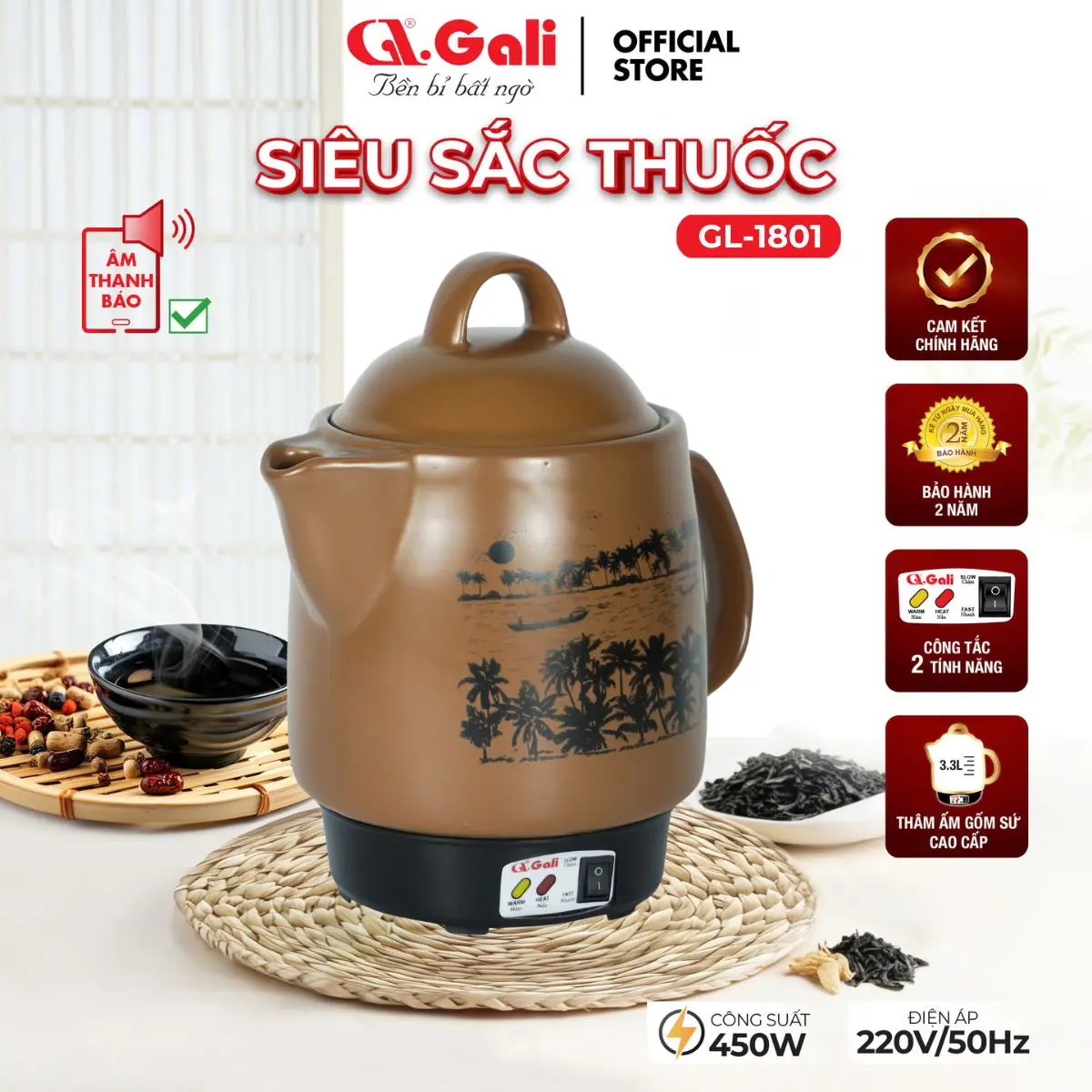 [Chính hãng] Ấm sắc thuốc Gali 3.3L 1801-ND sắc tự động có chuông báo. Hàng chính hãng bảo hành 2 năm