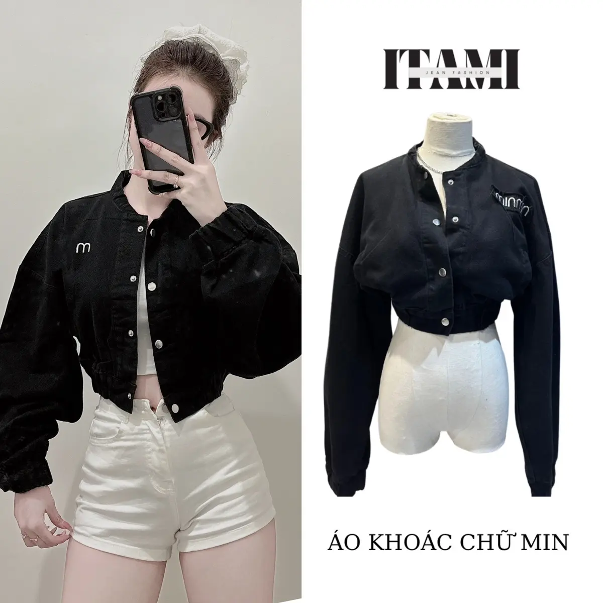 {102} ÁO KHOÁC JEAN  BOMBER FOM LỮNG THÊU CHỮ M, NÚT BẤM,TAY PHỒNG ,BO CHUN CHẤT DÀY MỀM CÁ TÍNH -WOMEN-JASHION(40-65kg)