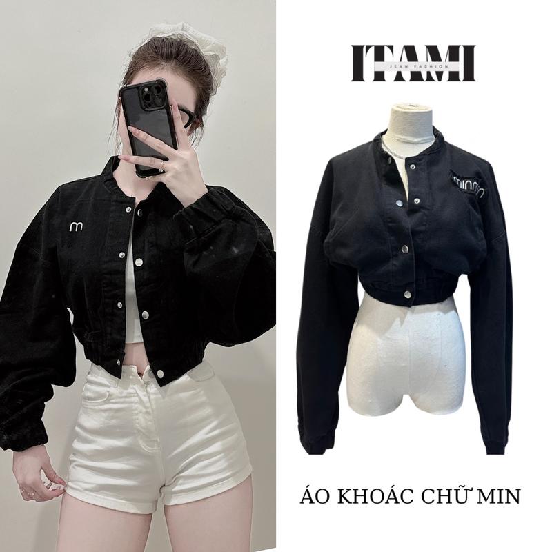  {102} ÁO KHOÁC JEAN  BOMBER FOM LỮNG THÊU CHỮ M NÚT BẤM,TAY PHỒNG ,BO CHUN CHẤT DÀY MỀM CÁ TÍNH -WOMEN-JASHION 40-65kg  
