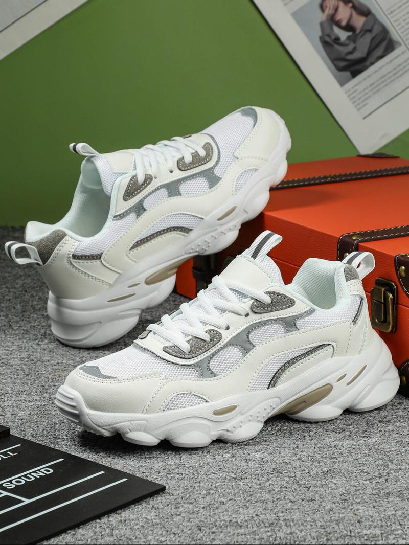 Product Introduction of Men's Fashionable Patchwork Lace Up Low Top Sneakers, Casual Comfortable Breathable Sports Running Shoes, Male All-match Round Toe Chunky Sneakers for Daily Life 2