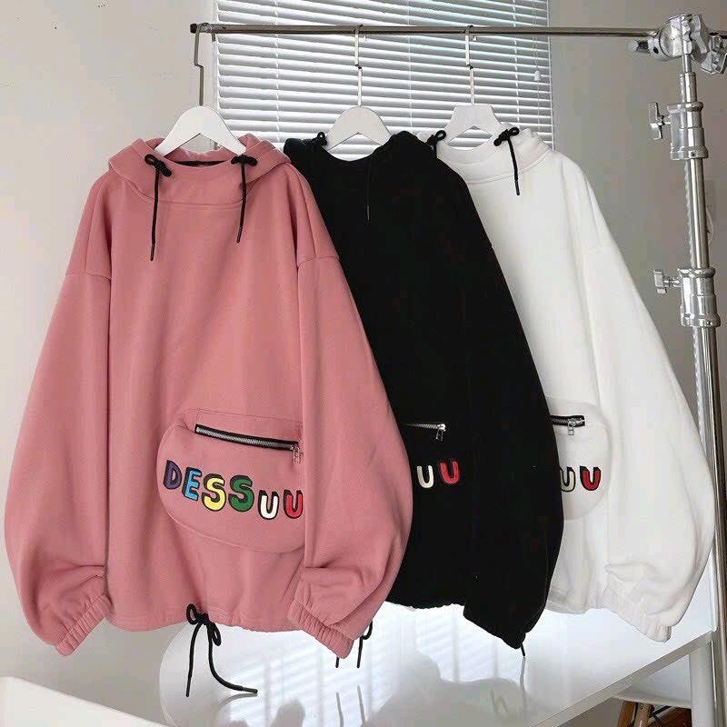 Áo khoác nỉ hoodies form rộng nón to phối túi trước có dây kéo in chư. DESSUU mẫu mới Tay Dài