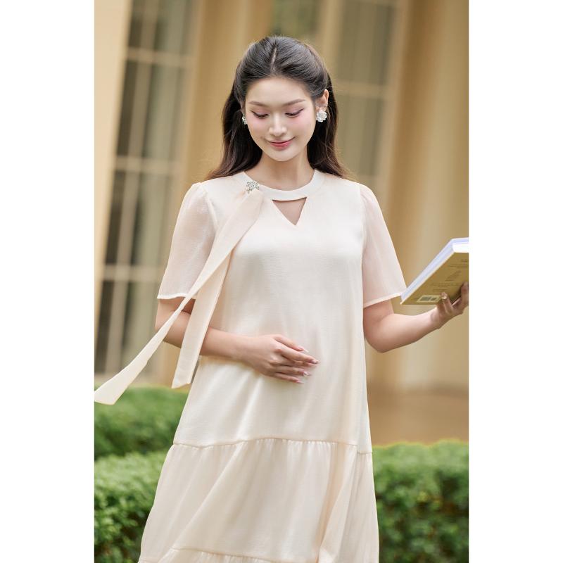 [NEW] Váy Bầu Đầm Bầu Joamom Tơ Kẻ Hàn Cổ Lá Sen Dáng Suông Thanh Lịch - Chất Cotton Hàn Cao Cấp - JTVB106