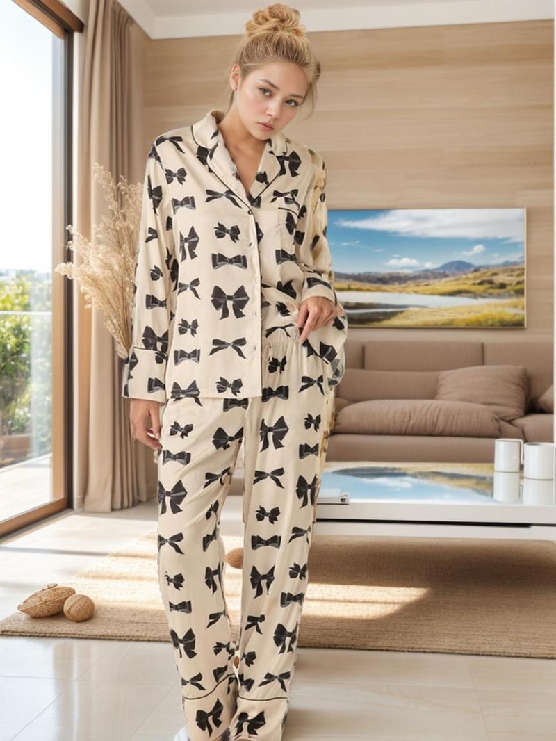 Product Introduction of Women's All Over Bow Print Long Sleeve Pajama Two-piece Set, Casual Comfy Lapel  Neck Pajama Set for Women, Women's Sleepwear for Spring & Fall 5
