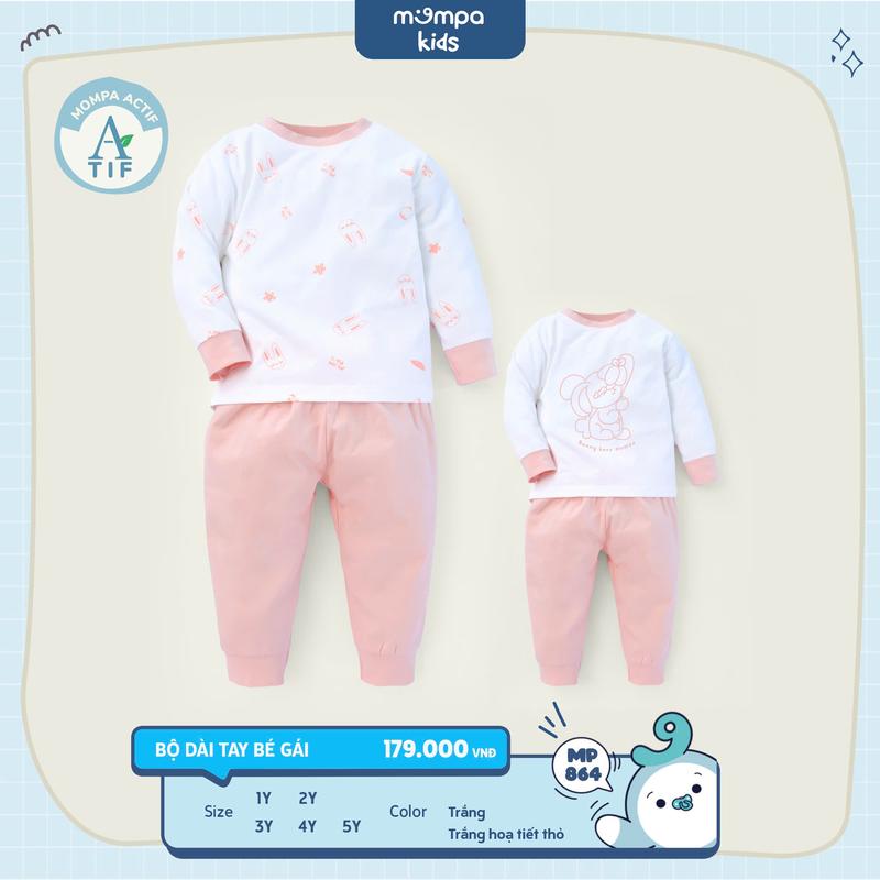 Bộ quần áo dài tay cho bé gái Mompa 1 đến 5 tuổi vải Cotton Actif mềm mại co giãn thấm hút MP 864 [ĐQ]