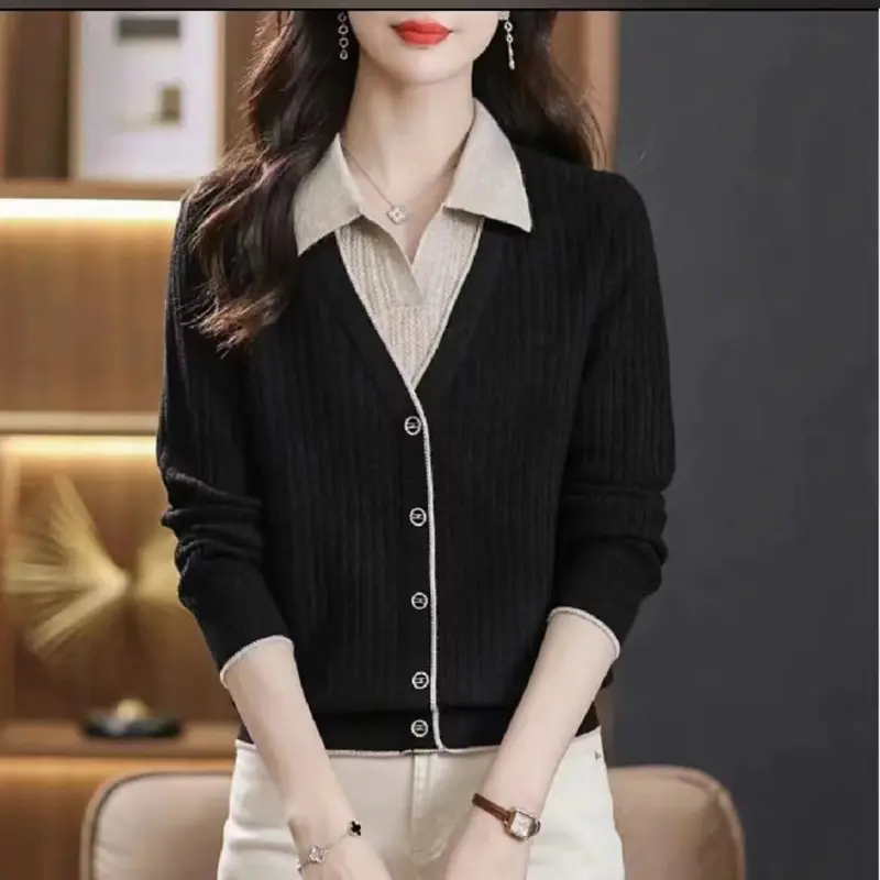 Áo Len Cổ Polo, Hàng Mới Về 2024, Dành Cho Nữ, Dáng Rộng Rãi, Thích Hợp Cho Mùa Xuân Và Mùa Thu, Dễ Phối Đồ, Có Thể Mặc Ngoài Trời, Phong Cách Phương Tây, Áo Sơ Mi Lớp Nền Dệt Kim, Thời Trang Nữ 3