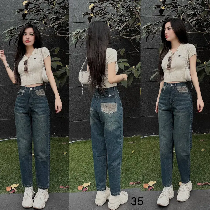 Quần Baggy Jean/ Bò Thêu Túi Nữ Siêu Hot Trend Cá Tính, Chất Jean Mềm Mịn Đủ Size Kem Women