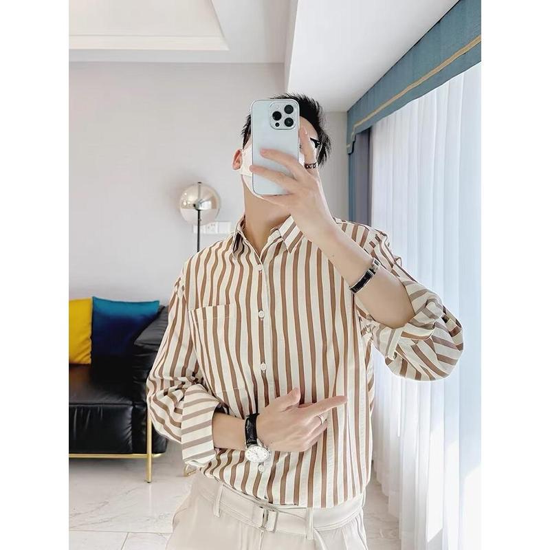 Áo Sơ Mi Dài Tay Kẻ Sọc, Thương Hiệu Thời Trang Nam, Phong Cách Mùa Xuân Và Mùa Thu, Thiết Kế Ngầu Và Hoang Dã, Siêu Phổ Biến, Thích Hợp Cho Giới Trẻ Và Trưởng Thành, Thời Trang, 2024 Menswear Cổ Tròn 1