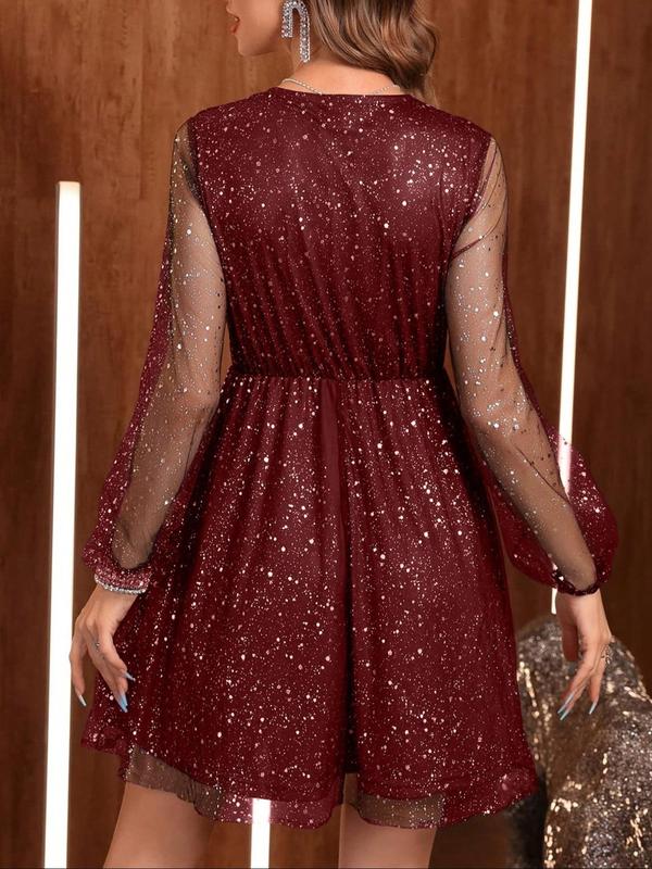 Women's Glitter V Neck Wrap Sheer A Line Dress, Elegant Long Sleeve Short E Fancy Dress Women for Party Cocktail Prom, Ladies Spring & Fall Clothes, Fancy Dress Adult 9