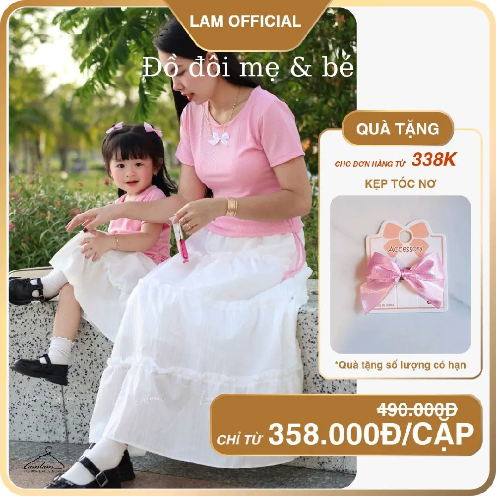 [MẸ/BÉ] LamOfficial set áo nhún eo tăm Hàn + váy đũi xốp tầng 2 lớp cho mẹ & bé hồng trắng