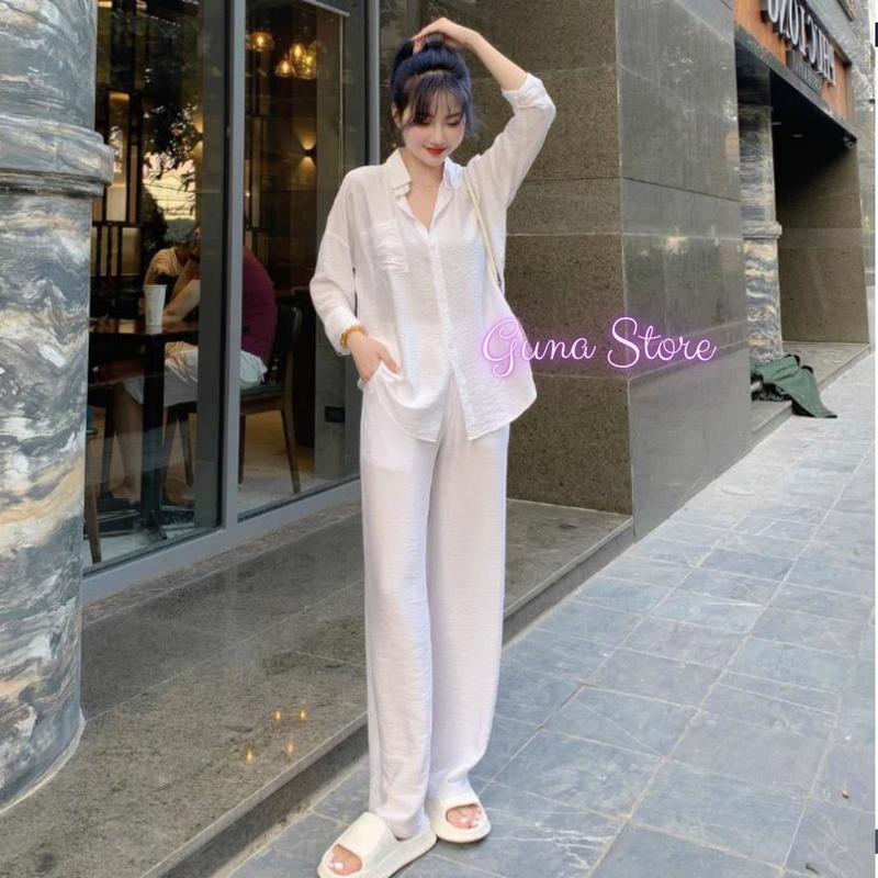 Set đồ nữ đẹp gồm Áo sơ mi nữ trắng, đen dài tay mix quần suông đũi vải đũi tơ Nhật mềm mát đủ -Set đồ đi biển. Top Jean