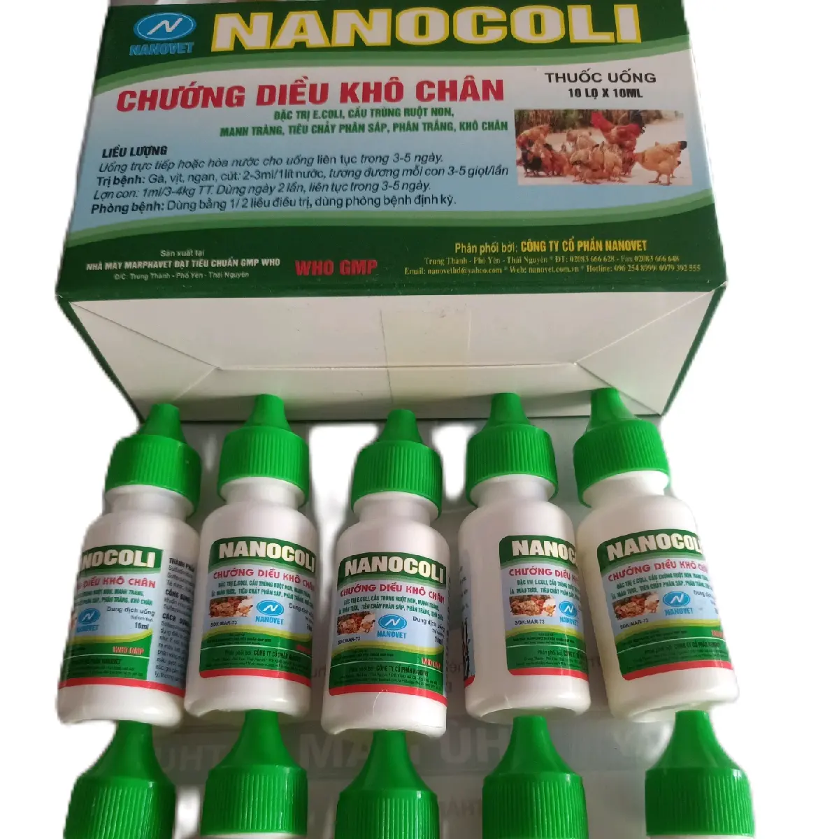 Combo 10 lọ thuốc NANOCOLI 10ml trị chướng diều, khô chân trên gà con