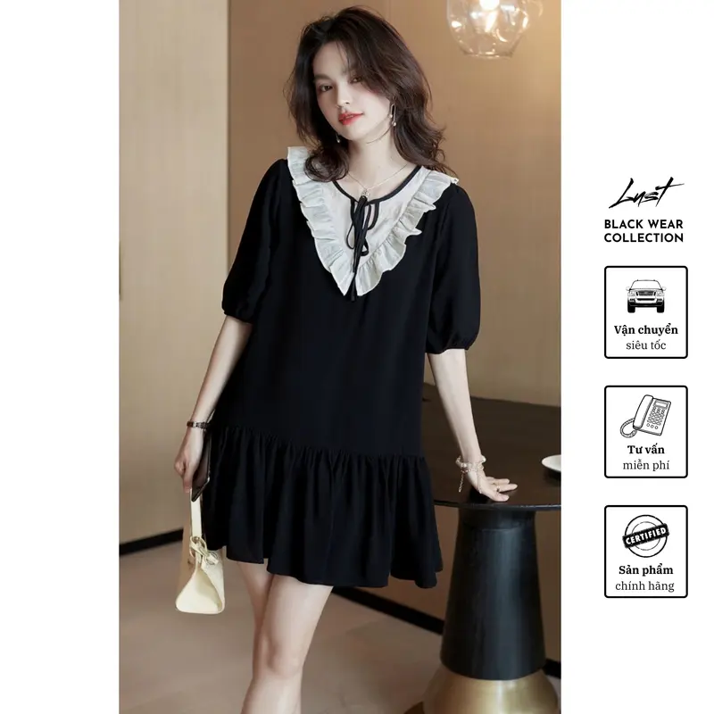 Váy đuôi cá phối cổ trắng thắt nơ LUST - TX03, phong cách thanh lịch, tiểu thư phong cách thời trang Hàn Quốc thời trang dạo phố hiện đại 2