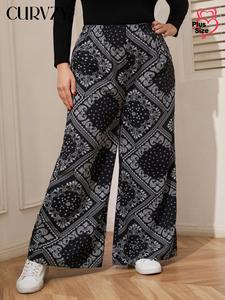 CURVZY Plus Size Paisley Print Wide Leg Pants, Boho Casual Comfy Trousers for Daily Holiday Vacation Wear, Women's Bottoms for Summer