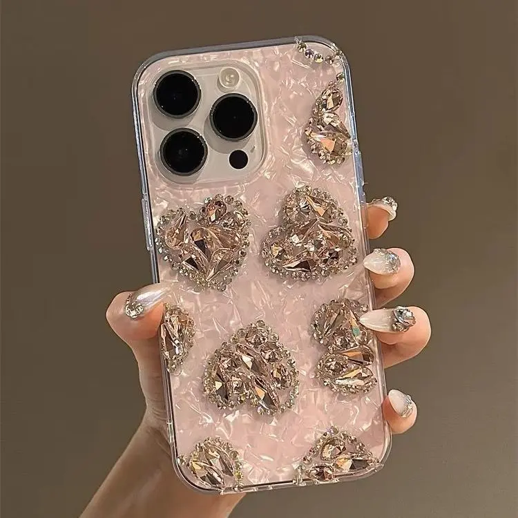 Ốp Điện Thoại, Họa Tiết Vỏ Kim Cương Giả, Dành Cho Iphone16promax Và Iphone14 / 13, Hình Trái Tim Với Kim Cương, Ốp Bảo Vệ, Tương Thích Với Iphone15pro, 12 Phụ Kiện