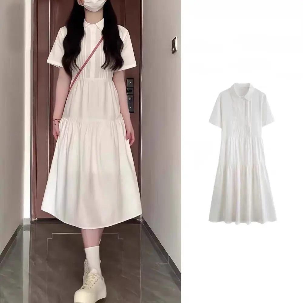 ￼Đầm váy babydoll trắng cổ sơ mi tay ngắn trẻ trung năng động