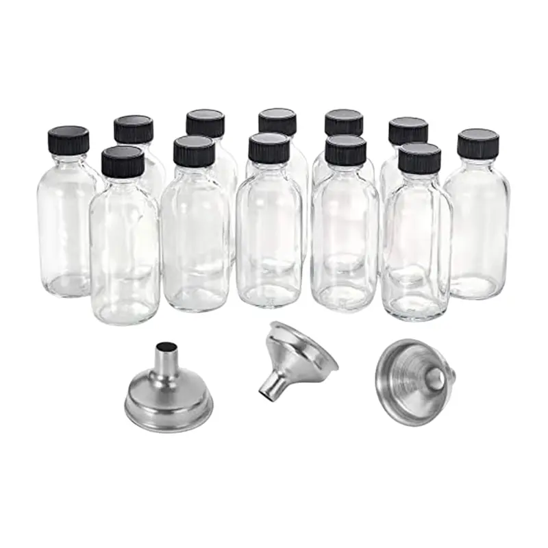 12Pc 2 Oz Small Clear Glass Bottles with Lids & 3 Funnels - 60Ml Bottles for Juice Ginger Shots, Whiskey, SG