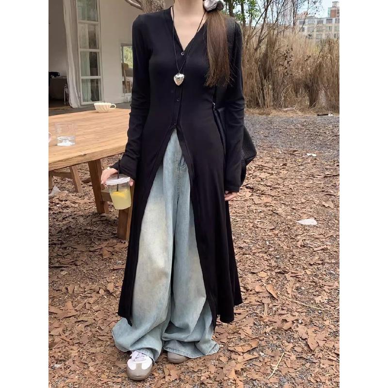 Product Introduction of Idle style V-neck long-sleeved cardigan single-breasted T-shirt skirt women's new fashionable elegant slim slimming mid-length top Casual Womenswear Dress Lingerie 1