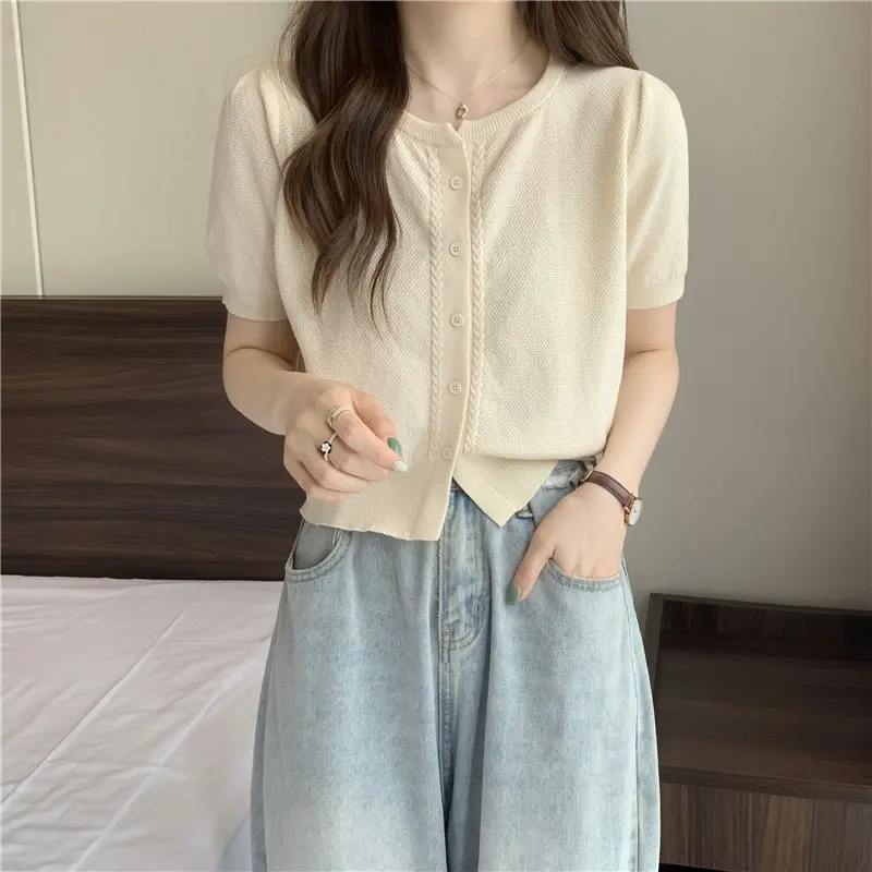 Áo Thun Tay Ngắn Cổ Tròn Thanh Lịch Và Dễ Phối Đồ Dành Cho Nữ, Ngắn Và Đơn Giản, Một Bên Ngực, Áo Dệt Kim, Thời Trang, Mùa Hè 2024 Top Women