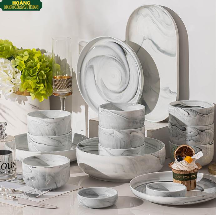 Bộ Chén Bát Đĩa Gốm Sứ 32 món Vân Đá Không Viền Vàng Cao Cấp - Bộ tô bát dĩa sứ ăn cơm- An Toàn Cho Lò Nướng & Máy Rửa Bát. combo