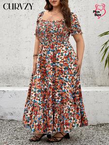 CURVZY Plus Size Floral Print Shirred Square Neck Dress, Boho Fashion Casual Short Sleeve Dress for Daily Holiday Vacation Wear, Women Plus Clothing for Summer