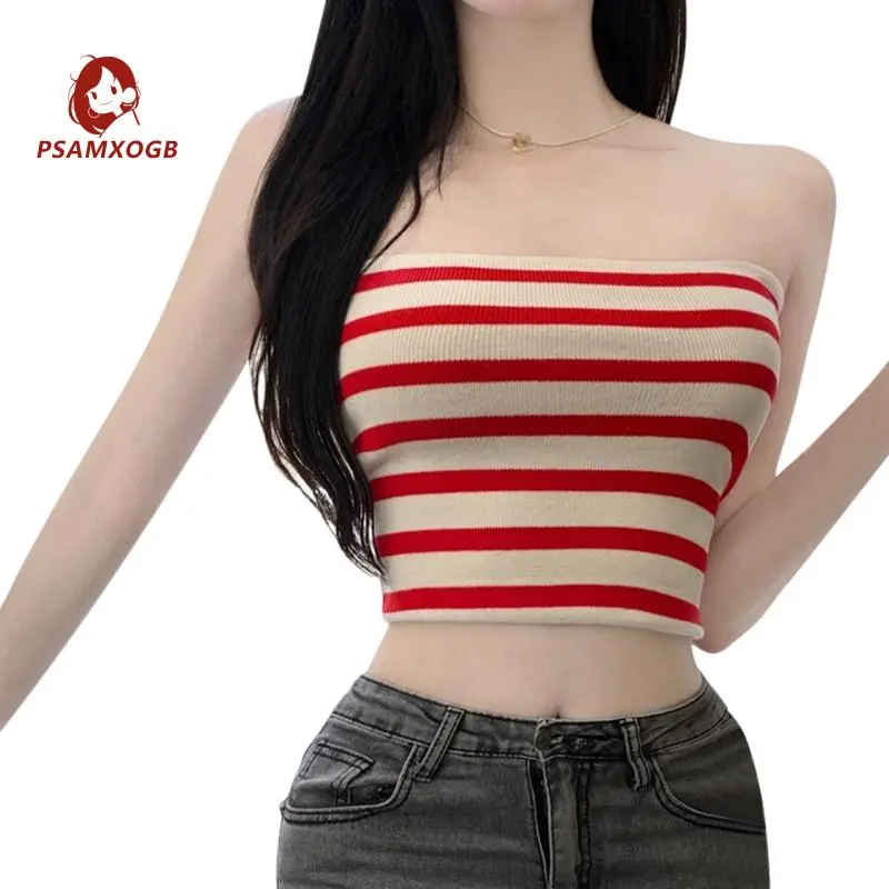 Women's Summer Tube Tops, Striped Print Strapless Bandeau Crop Tops