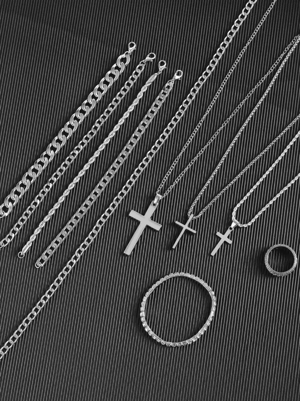 Men's Street Trend Cross Pendant & Cuban Chain Necklace, Rhinestone Decorated Chain Bracelet & Ring, Fashionable Jewelry Set As Gift without Box, Unique Gifts for Women 4