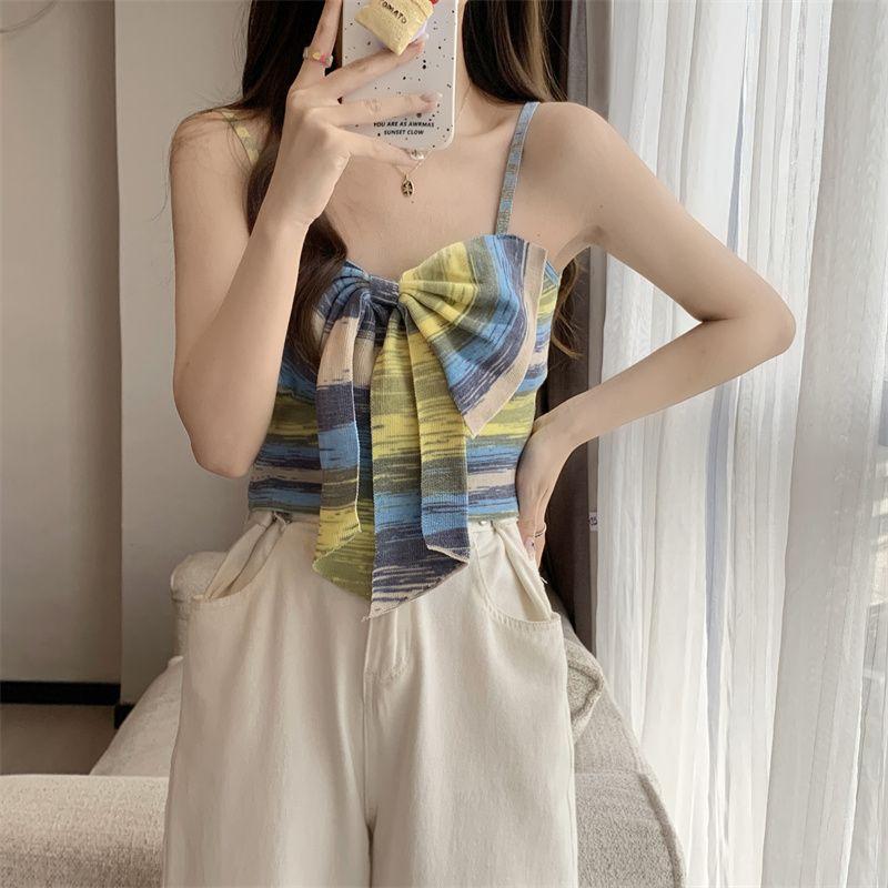 Product Introduction of Sweet and Spicy Style Striped Small Sling Vest Women's Summer Inner Wear Outer Wear Design Sense Niche Bow Sleeveless Short Top turtleneck  tank Lingerie Plaid Spaghetti Strap tank  top camisole  tops baby  tee 21