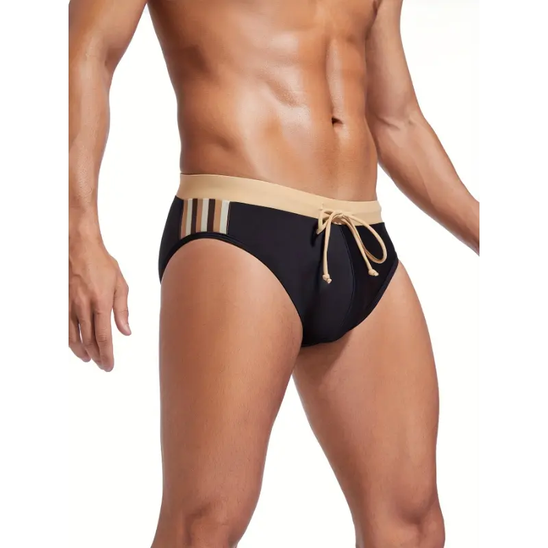 Men'S Triangle Swim Trunks with Anti-Exposure And Anti-Embarrassment Features, Featuring Solid Colors Striped Patchwork. menswear 1
