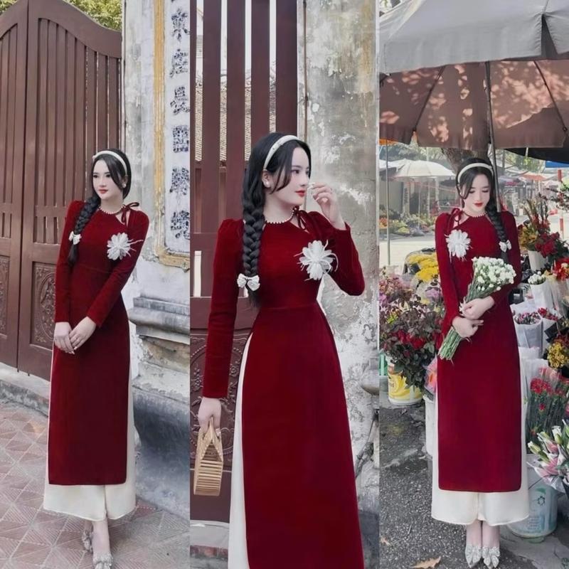 Product Introduction of set ao dài nữ chat vai nhung quần lụa tuyet nhung di du xuan Women( ko co hoa cai) Dress 15