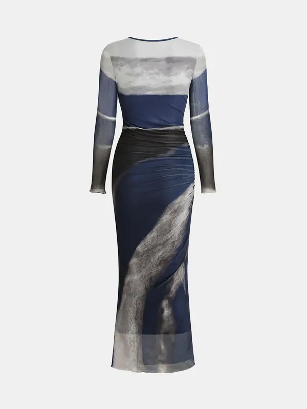 YOZY Women's All Over Print Ruched Lettuce Trim Bodycon Dress, Elegant Long Sleeve Round Neck Long Dress for Party Holiday Wedding Guest, Ladies Clothes for All Seasons 4