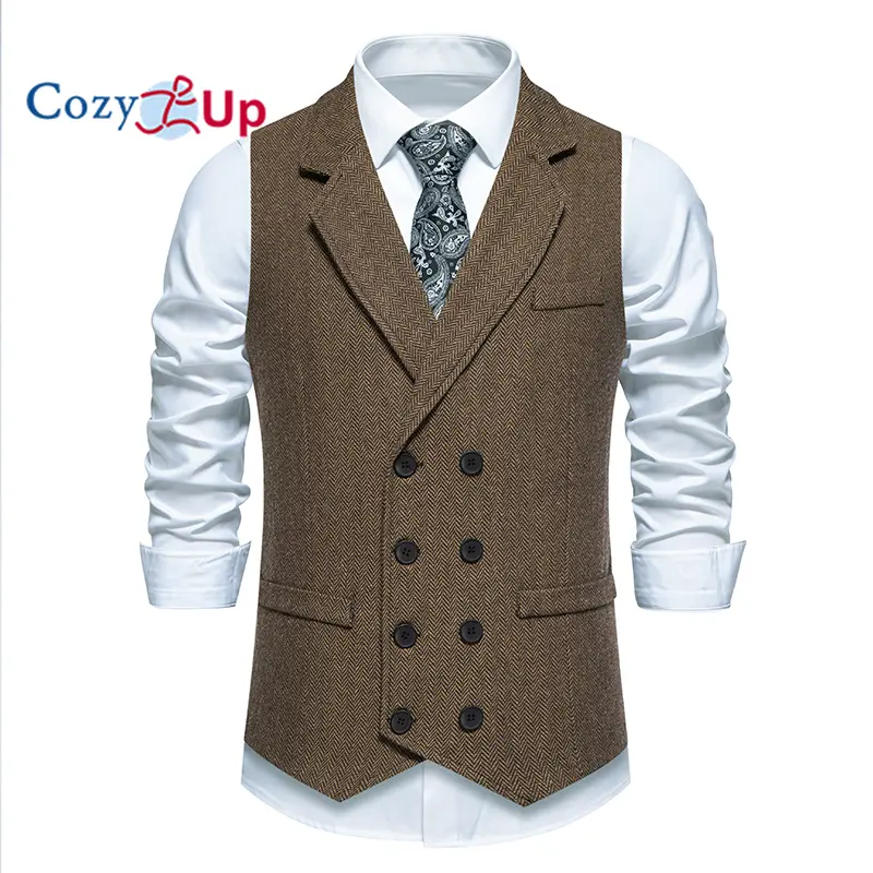 Cozy Up Men Western Herringbone Suit Vest Tweed Wool Blend Slim Fit Waistcoat