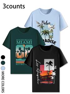 【Plus Size】 Men's Tree & Letter Print Round Neck Tee, Regular Fit Casual Short Sleeve T-shirt for Daily Wear, Men's Plus Clothing for All Seasons