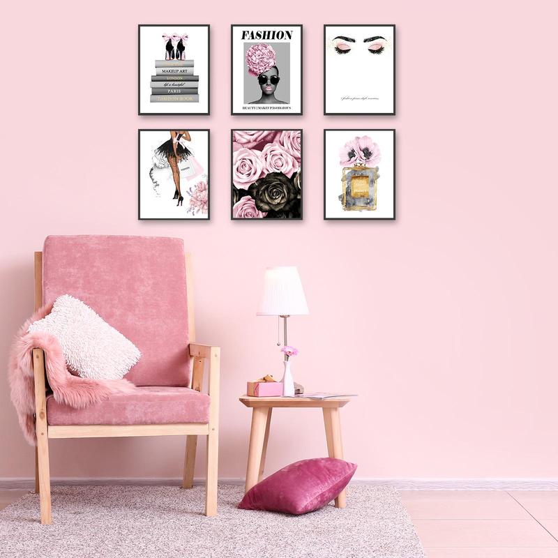 Fashionable Figure & Floral & Perfume Pattern Unframed Painting, 6 Counts Home Decor Trendy Canvas Wall Art Print Artist Posters, Bedroom Decorations 3