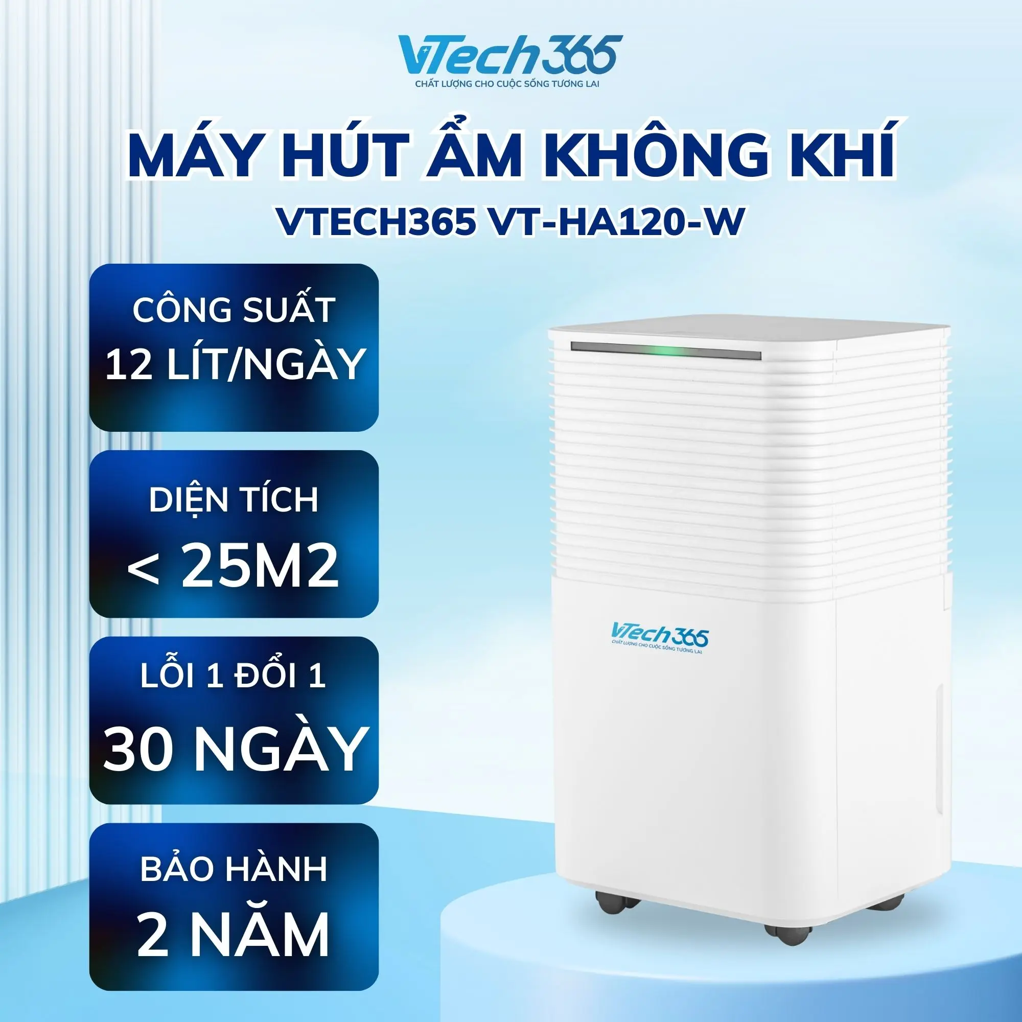 Máy Hút Ẩm VTech365 VT-HA120-W - Làm Sạch, Khử Khuẩn Không Khí, Tự Động Hẹn Giờ, Sấy Quần Áo, Có Ống Thoát Nước, 12L/Ngày