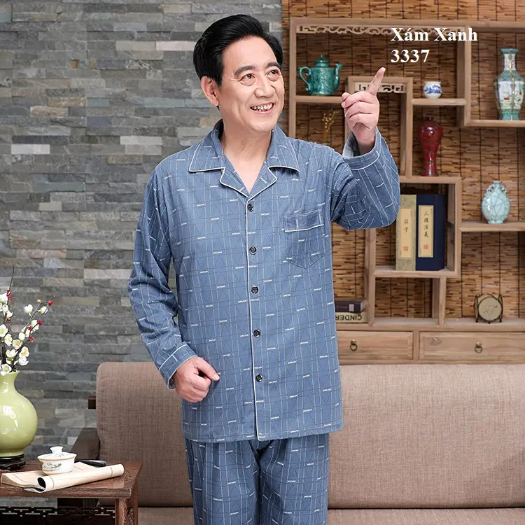 Bộ Pyjama nam dài tay trung tuổi phối họa tiết thời trang, vải cotton mềm mại, thấm hút mồ hôi tốt NG1381 - Thời Trang Dương