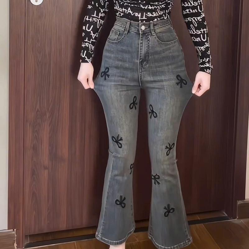   -90 cm   Quần Jean Nữ Ống Loe Lỡ dài 90 cm loe  9 tấc  kiểu thêu nơ hai thân  -095 
