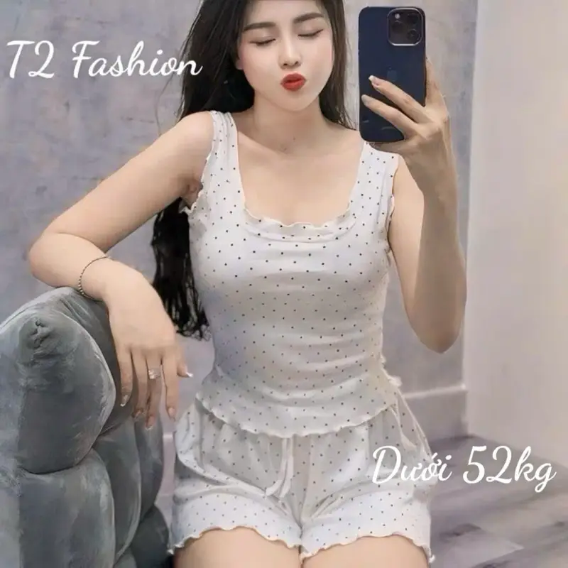 (Deal Sốc) Bộ đồ ngủ cotton quần đùi áo viền bèo hoạ tiết cute T329