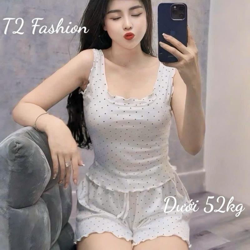 Bộ đồ ngủ cotton quần đùi áo viền bèo hoạ tiết cute T329 Nữ Women Quần Ngủ Top