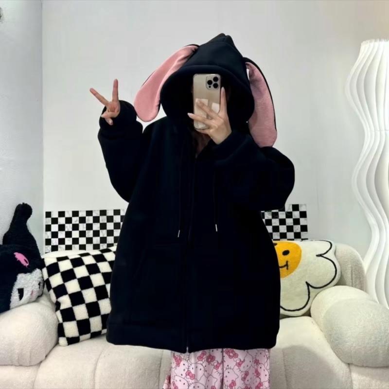 Áo khoác nỉ hoodie form rộng tay bồng mũ 2 lớp chất nỉ tàu free size dưới 75kg Thỏ NGọc Nữ Women Nhung Top Kem Dài Tay Tim