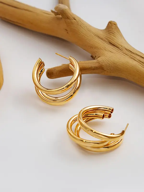 1 Pair Solid Color Three Layer Hoop Earrings for Women, Elegant Fashion Personality Versatile Alloy Jewelry Accessories, Holiday Gift 3