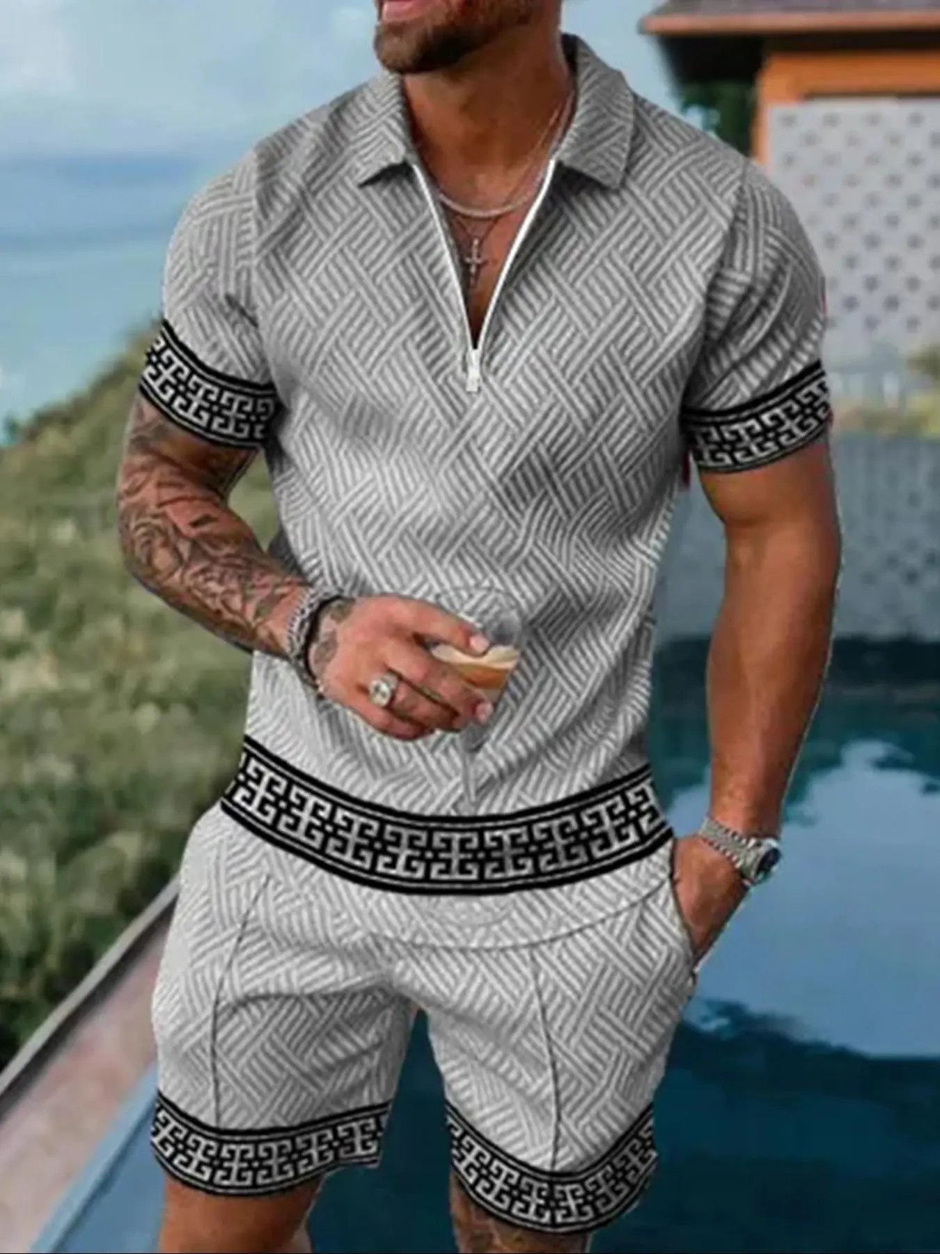 Men's Colorblock Print Short Sleeve Tee & Shorts Two-Piece Set, Regular Fit Casual Round Neck T-shirt & Shorts, Men's Summer Clothes