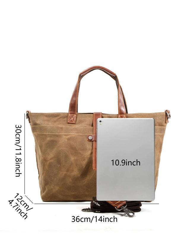 Men's Casual Plain Zipper Tote Bag, Fashionable Vintage Canvas Shoulder Bag for Daily Used, Casual Trendy Versatile High-quality Daily Commuting Bag 1