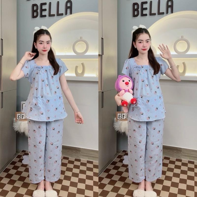 [ BỘ DÀI ] ( 55 - 95kg ) Bộ Bầu Mặc Nhà Kẻ Caro Trái Dâu, Áo Có 2 Túi Và Quần Chun Chỉnh Bụng, Vải Cotton Mềm Mát Cho Mẹ Bầu Mặc Mùa Hè