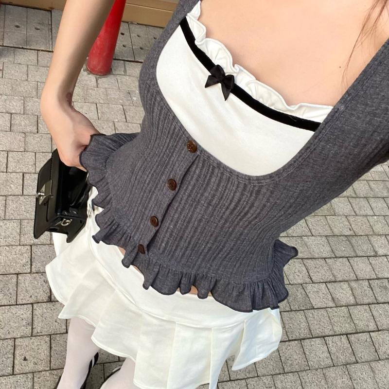  Áo thun nữ xám nơ đen phối trắng - ByVeeStyle 