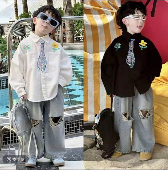 [ Jimy & K baby B09 ] Sét áo sơ mi kềm quần jeans rách cho bé trai , cho bé từ 10 đến 40 kg . Thích hợp mặc đi học đi chơi .