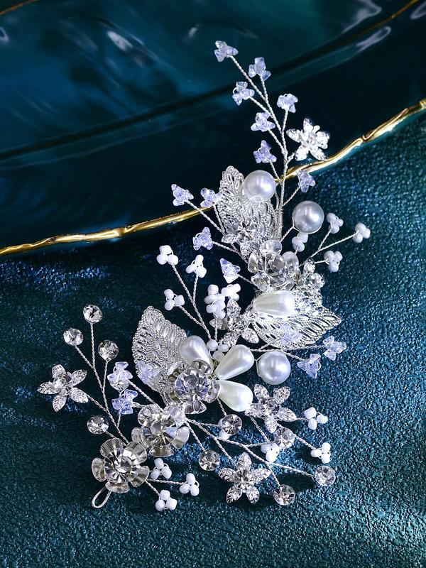 Faux Pearl & Artificial Crystal Decor Leaf Design Headwear, Elegant Bridal Headwear for Wedding Bridal Party Formal Occasions, Minimalist Hair Accessories for Bridal Hairstyle 2
