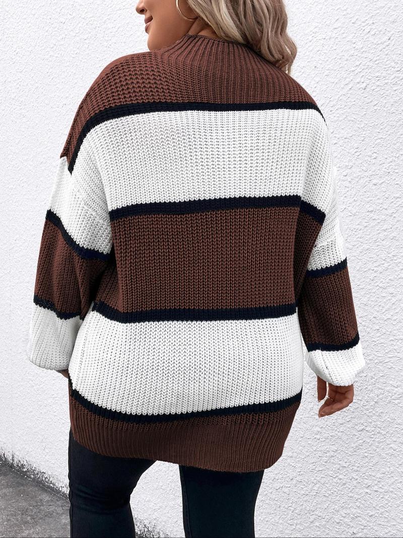 Product Introduction of 【Plus Size】 Colorblock Striped Print Drop Shoulder Sweater Pullover, Casual Chic Long Sleeve Round Neck Jumper for Fall & Winter, Women's Plus Clothing for Daily Wear 13