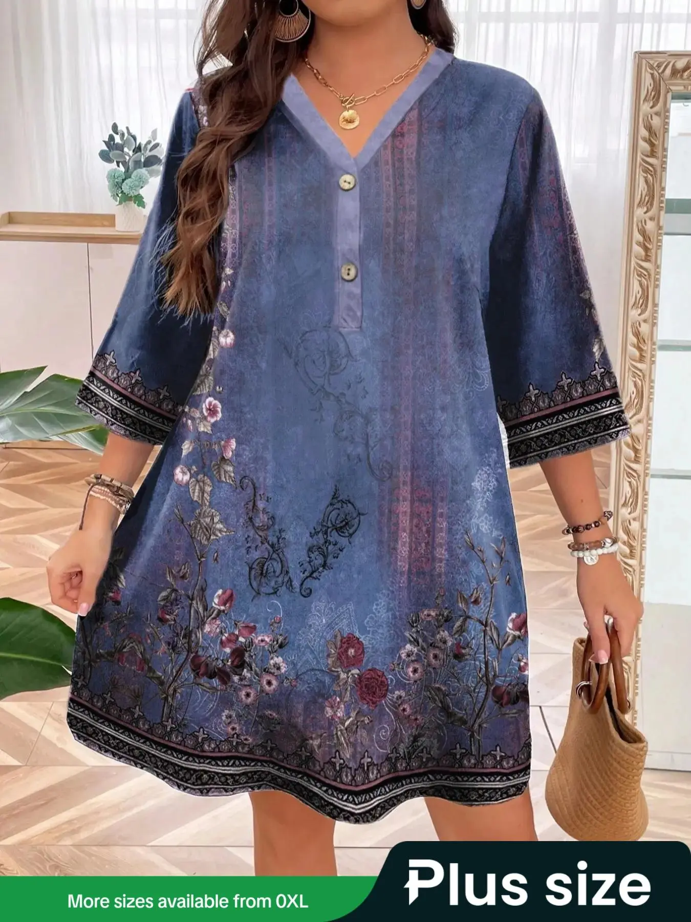 【Plus Size】Floral Print V Neck Dress, Casual Comfortable Short Dress for Daily Wear, Women's Plus Clothing for Summer